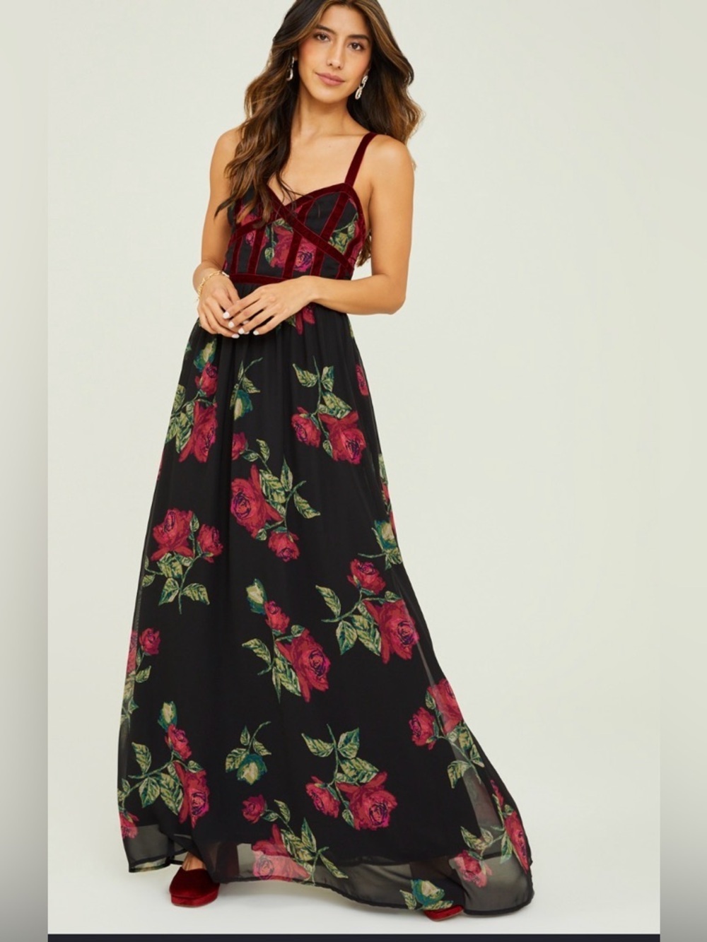 Altar'd State Rose Velvet Trim Maxi Dress S Romantic Goth Whimsigoth